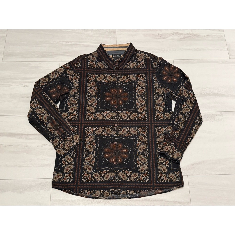 Haiku Collective Mens Button Up Shirt Size L Paisley Black Brown Beige Print
